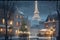 Christmas in paris with eiffel tower and a lot of snow, Generative AI