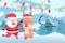 Christmas Party Background with Cute santa and deer dancing on scene winter landscape