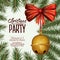 Christmas party card with colorful pine branches and jingle bells pendant of decorative ribbon