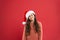 Christmas party. Christmas holiday invitation. Positivity concept. Good mood. Winter traditions. Adorable girl with long