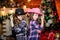 Christmas party concept. Girls sisters carnival hats costumes new year party. Kids friends celebrate winter holiday