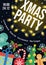 Christmas party flyer, winter holiday card design with festive glittering garland, house under snow