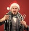 Christmas party invitation. Join christmas celebration. Man bearded hipster santa hold bottle. Corporate christmas party