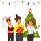 A Christmas party in the office. Decorated office workplace. Office team having a holiday with music and dance. Flat style vector
