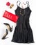 Christmas party outfi. Cocktail dress outfit, night out look on white background. Little black dress, red evening clutch , black s