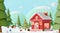 Christmas Party with Santa Claus and Snowman at the red house in a pine forest, 3d rendering