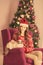 Christmas party, winter holidays woman with cat. New year girl. christmas tree in interior