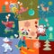 Christmas patchwork pattern with cheerful fairy animals and Santa Claus juggling with gifts.