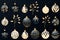Christmas pattern, background black en light christmas balls with gold painted ornaments
