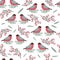 Christmas pattern with bullfinches. Seamless pattern with birds, leaves and rowan berries.