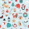 Christmas pattern with cute seasonal elements reindeer, fox, gifts, decorations, snowman. Festive background with hand