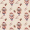 Christmas pattern. The darling, playful santa claus with a gift on a white background a with Caramel stick and a cup of