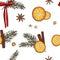 Christmas pattern decoration - evergreen fir tree branch, orange slices, red bow, cinnamon, anise star, glitter sparkle