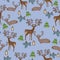 Christmas pattern with deer, fir trees, pine branches and a lantern. Blue background. Cute funny style for postcards, wallpaper, g