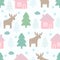 Christmas pattern - deers, Xmas trees, houses, stars.