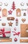 Christmas pattern flat lay with holiday gift, craft paper, ribbon , vintage toys, tags, cookies and gingerbread on white