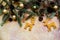 Christmas pattern with free space for text and gold Xmas deer and christmas bells.Christmas Tree decoration. Happy New