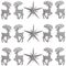 Christmas pattern made of stars and silver color toys deer on white background. winter concept, flat lay, top view