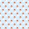 Christmas pattern with snowmen. Simple geometric pattern on blue background. Snowman with orange carrot and red santa hat. Digital