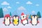 Christmas penguins on snowy background. Cute penguins cartoon vector illustration