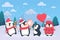 Christmas penguins on snowy background. Penguins cartoon vector illustration