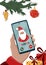 Christmas phone call from Santa Claus with Greeting Xmas and Happy New Year. Smart phone in hand. Santa Phone call. Vector