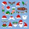 Christmas photo booth colorful santa and deer elements. Selfie decoration, xmas stickers. Red claus and elf hats