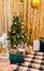 Christmas photo zone with a Christmas tree, garland, New Year`s decor and gifts. Christmas and New Year celebration concept