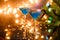 Christmas picture of two wine glasses with blue cocktail and garland