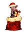 Christmas pig in hat and with gift box in paws stands in a bag to the waist