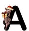 Christmas pig in a hat and with a gift box stands leaning on the letter A part of the word Christmas