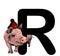 Christmas pig in warm hat with pompom Peeps out from behind the letter R part of the word Christmas