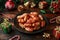 Christmas Pigs in blankets, sausages wrapped in bacon with decoration, gifts, green tree branch on wooden rustic table