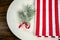 Christmas pine sprig on white plate