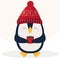 Christmas pinguin in red hat and with cup. Cartoon flat style