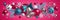 Christmas pink background with silver bell, festive horizontal border. Assorted ornaments, blue glass balls, stars, snowflakes,