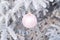 Christmas pink ball hangs on snow-covered spruce branch in the forest. Selective focus. Fairytale mood. Concept of Christmas and