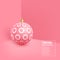 Christmas pink bauble with geometric pattern. 3d realistic style on wall background, vector illustration.