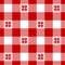 Christmas plaid pattern in red and white with fair isle nordic snowflakes. Seamless buffalo check gingham tartan vector.