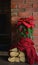 Christmas Poinsettia flower, Euphorbia Pulcherrima wrapped in red scarf and decorations on wooden table on red brick wall