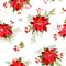 Christmas Poinsettia winter seamless pattern with floral mistletoe, branches of Rowan tree with berries