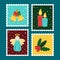 Christmas postage stamp set. Vector cartoon illustration in postmark template. Winter theme collection. Candle, angel, hooly, bell