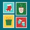 Christmas postage stamp set. Vector cartoon illustration in postmark template. Winter theme collection. Christmas socks, mittens,