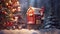 Christmas postbox in snowy forest. Red mailbox with tree on background.