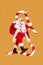 Christmas poster collage of funny saint nicholas deliver many wish gifts sack sugar yummy candy cane on yellow color