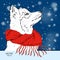 The christmas poster with the dog portrait in winter scarf. Vector illustration.