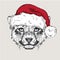 The christmas poster with the image cheetah portrait in Santa\'s hat. Vector illustration