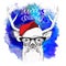 The christmas poster with the image deer portrait in Santa`s hat. Vector illustration. Abstract Background with Watercolor Stains