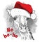 The christmas poster with the image of giraffe portrait in Santa`s hat. Vector illustration.