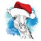 The christmas poster with the image of giraffe portrait in Santa`s hat. Vector illustration. Abstract Background with Watercolor